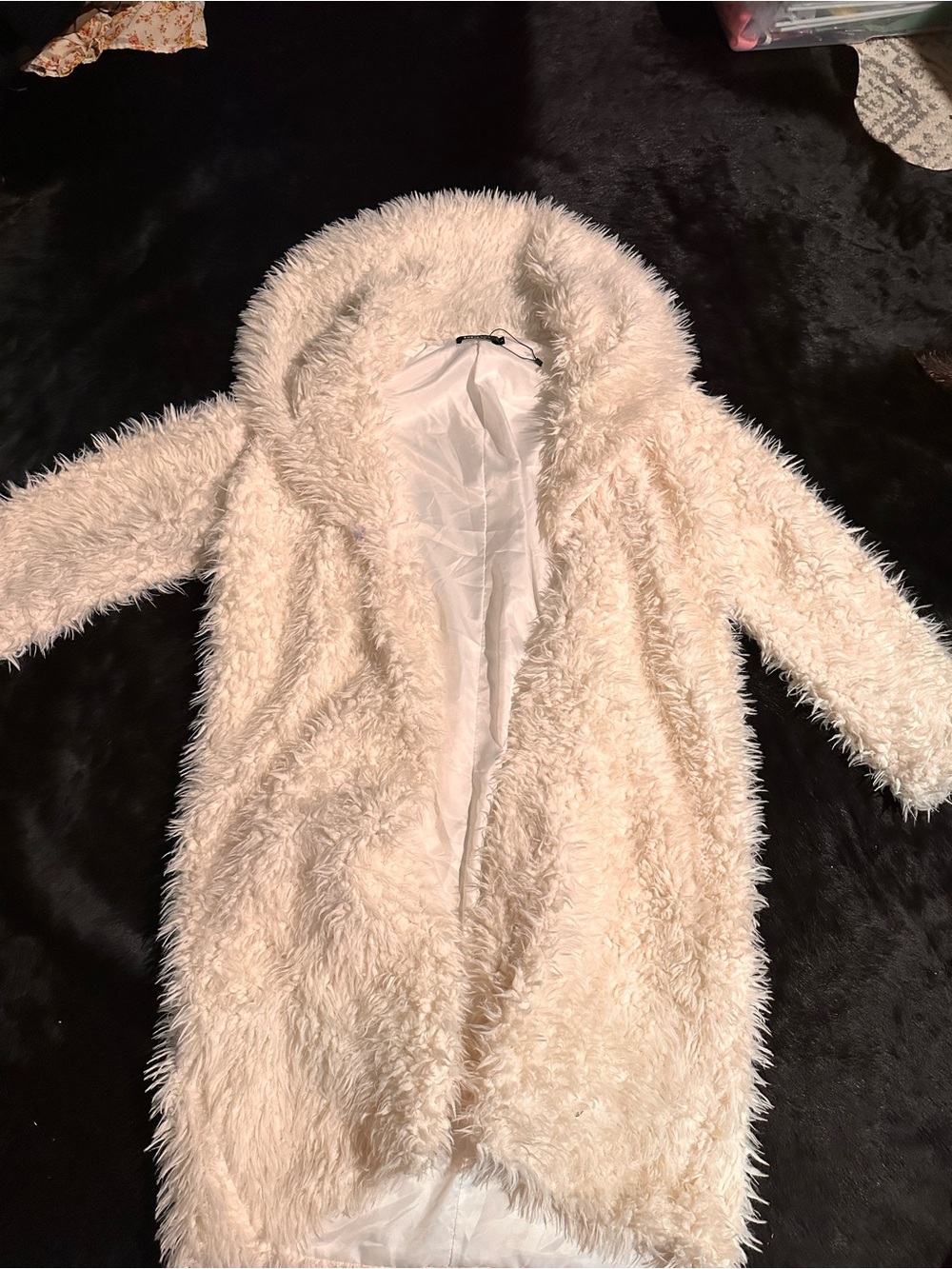 SHEIN Cream Plush Faux Fur Hooded Teddy Jacket